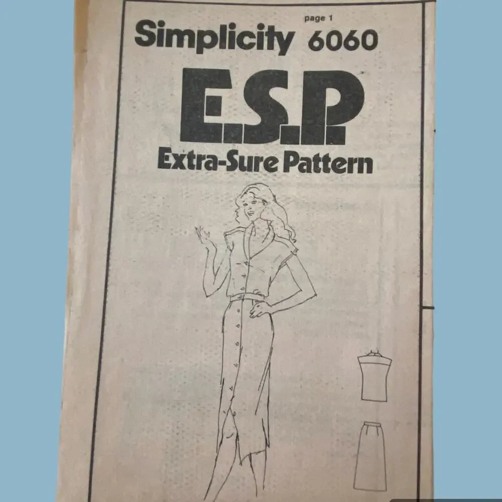 Vtg Top Skirt Pattern Miss 10-14 Simplicity 6060 Uncut FF Full Button Pencil